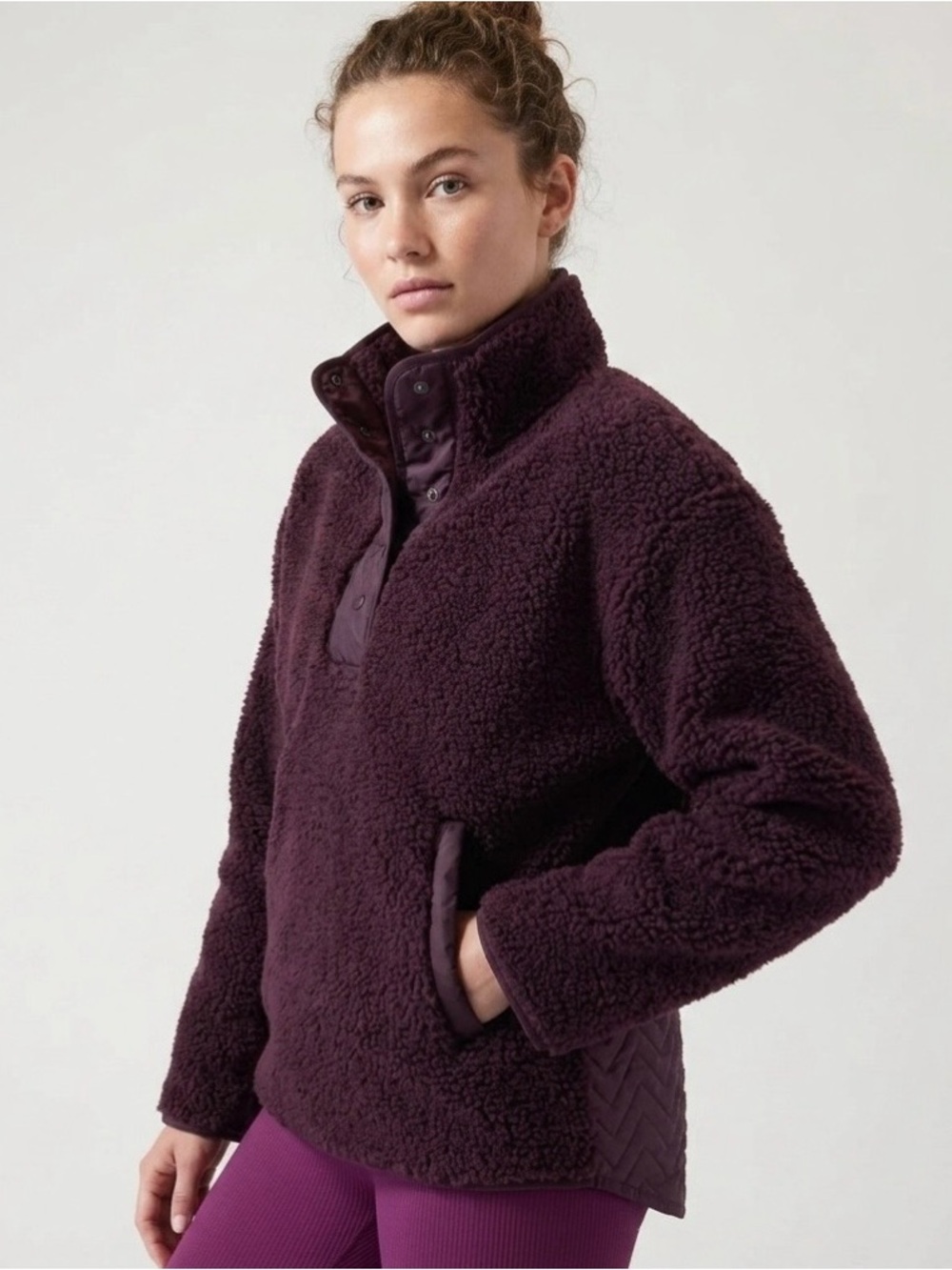 Athleta Cozy Snap Plum Purple Sherpa Pullover Quilted Teddy Jacket XS Gorpcore